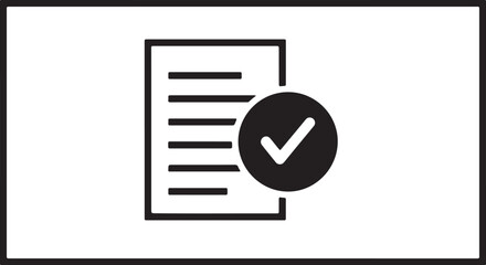 Document with checkmark vector icon. A simple black outline of a paper document with lines of text and a solid black circle containing a white checkmark, signifying completion or approval