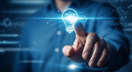 Fototapeta premium Innovative business concept with glowing light bulb and hand interaction