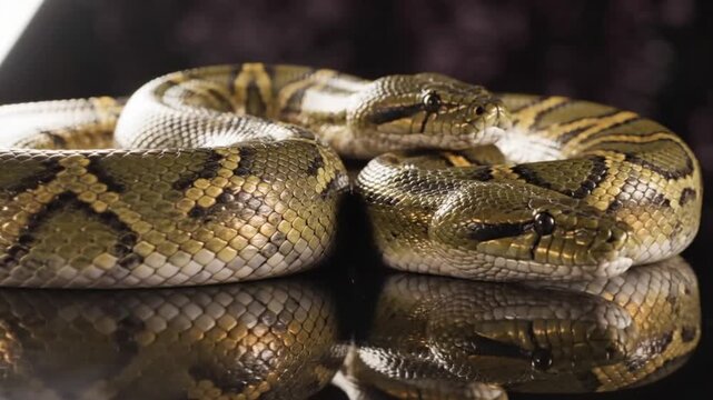 Close-up of a coiled python showcasing the intricate patterns of its scales on a reflective surface