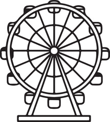 Ferris wheel outline vector icon. Isolated black and white amusement park ride symbol, representing fun, entertainment, and carnival attractions. Created in a simple line art style with a