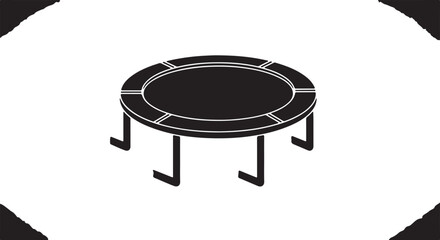 Isometric black and white trampoline vector icon. This single graphic element depicts a round trampoline with a sturdy frame and four legs, designed in a simple, flat style.