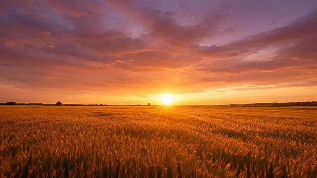 Golden wheat field sunrise and sunset glowing sky with warm golden clouds over peaceful rural landscape evoking calm and hope