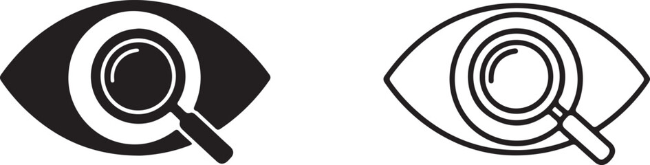 Eye with magnifying glass icon set. Includes vision, search, find, look, observe, and focus symbols. Created in solid and outline styles with a black and white palette.
