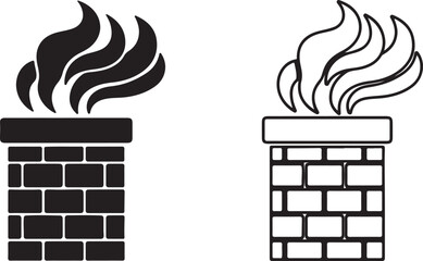 Chimney with smoke icon collection. Includes solid black and outline versions of a brick chimney emitting smoke. Created in a flat vector style with a monochrome black and white palette.