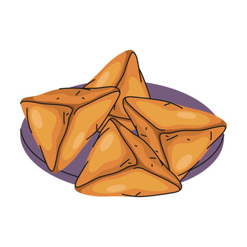 Lebanese pie or fatayer, middle east food. Vector Arabian dish or baked pastry filled with meat or cheese. Arabic dish shaped in triangle. Asian snack or appetizer, mezze or starter. Culinary, cooking