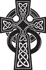 Celtic cross vector illustration with intricate knotwork design, featuring a circular halo and traditional interwoven patterns. Created in a bold black and white style