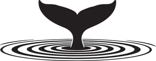 Whale tail diving into water with ripple effect vector illustration. Black and white graphic icon of a marine mammal isolated on a transparent background.