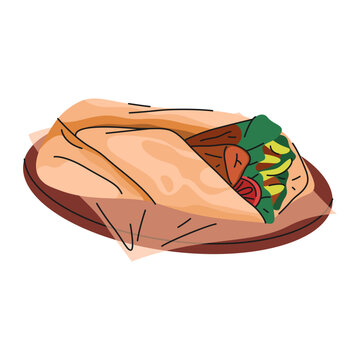 Shawarma or Arabian food, middle east sandwich. Vector street food or meal of roasted meat in lavash bread. Street and fast dish. Cafe takeaway cuisine. Culinary and gastronomy, cooking symbol.