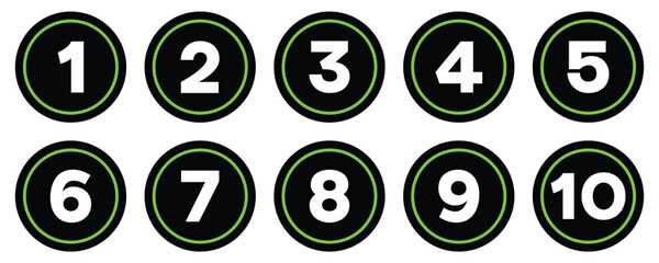 Black circular number icons with lime green inner rings containing white digits from one to ten for ranking and interface