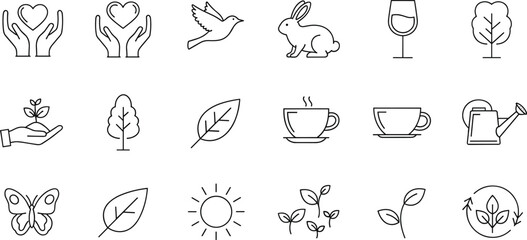 Professional vector set of minimalist line icons featuring nature, sustainability, wellness, and lifestyle symbols for modern brand identity