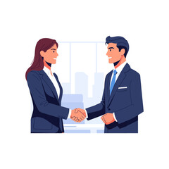 Fototapeta premium A man and a woman in business suits shaking hands in an office setting, symbolizing agreement and partnership.