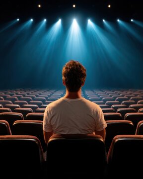 Man Sitting in Empty Theater Auditorium Facing Bright Blue Stage Spotlights Event Influencer Concept and Spotlight Performance Vision Performance Dreamer Scene