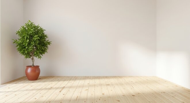 Indoor potted plant with lush green foliage in terracotta pot on wooden floor in minimalist interior design setting naturally