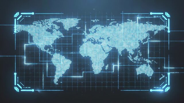 Digital world map composed of glowing pixel dots over cyan grid with futuristic circuit frame and network lines conveying global connectivity and technology innovation, dramatic neon lighting