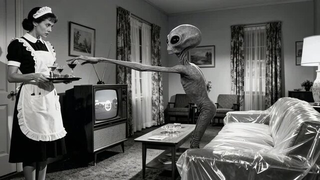 A maid serves a grey alien in a retro 1950s living room. Cinematic black and white vintage sci-fi scene with a plastic covered sofa.