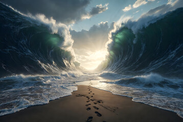 Fototapeta premium Path Through Parted Ocean Waves with Footprints in the Sand, Biblical Miracle of the Red Sea Crossing Concept, Spiritual Journey and Faith Background for Religious Themes