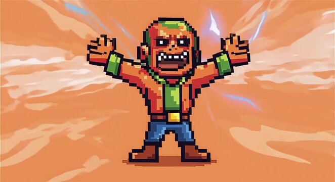 Pixel Art Character Shouting with Power Aura in Retro Game Style