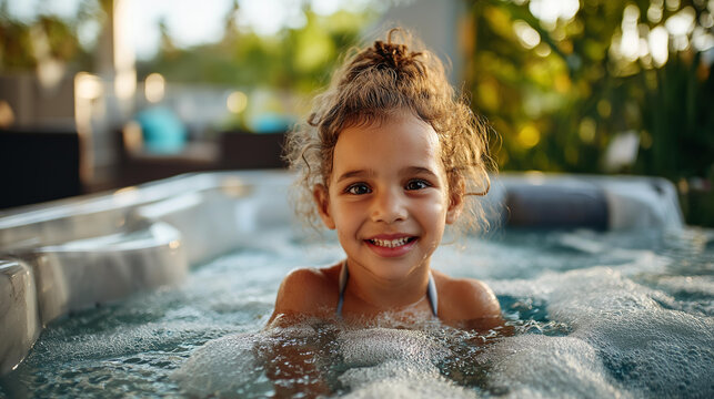 Faceless happy child enjoying water bath in jacuzzi with bubbles, little girl having fun relaxing in hot tub, toddler wellness resort spa vacation, with copy space