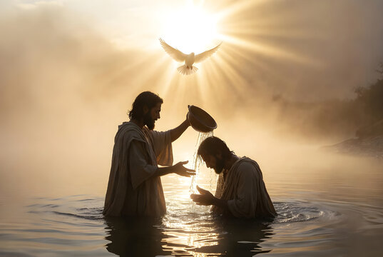Baptism of Jesus Christ by John the Baptist in the Jordan River with Holy Spirit Dove and Divine Light, Spiritual Scene for Religious Education and Easter Celebration