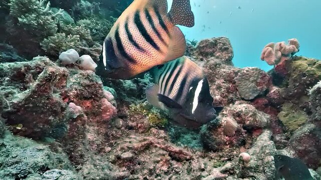 Two sixbar angelfish &ndash; Pomacanthus sexstriatus &ndash; swim above coral formations on the Great Barrier Reef, Australia, moving slowly along the reef edge in clear tropical waters.