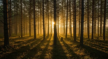 Fototapeta premium serene forest landscape with tall trees and sun shining through the branches, creating a warm and peaceful atmosphere during sunrise.