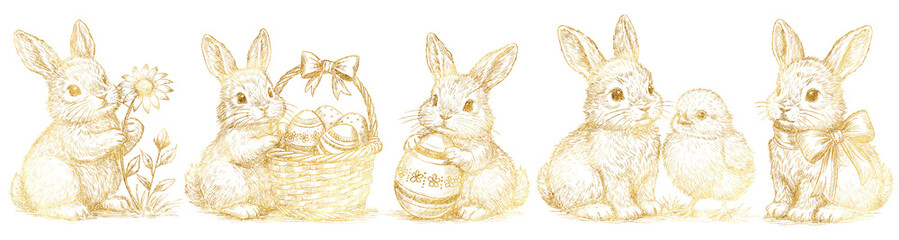 Set cute golden Easter bunny illustrations in vintage engraving line art style. Rabbit with egg, basket, flower, chick, isolated on transparent background for cards, nursery decor, spring design. PNG © Julia