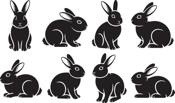 Rabbit silhouette collection black bunny set isolated animal icons diverse hares poses vector sign