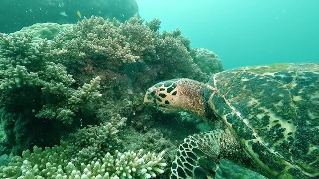 An endangered hawksbill turtle &ndash; Eretmochelys imbricata &ndash; feeds on coral along a reef slope on the Great Barrier Reef, Australia, using its narrow beak to extract prey from the reef surface.