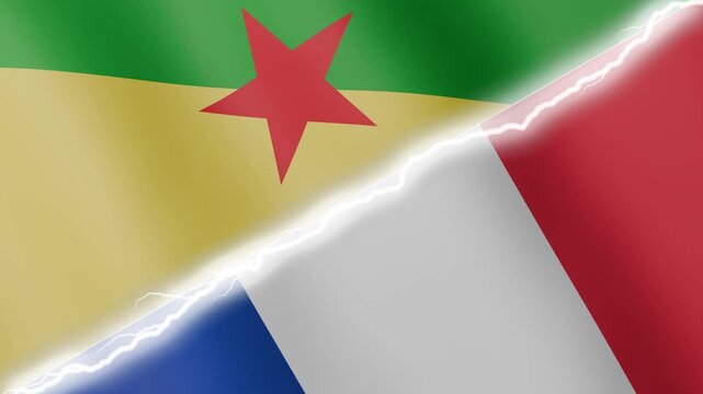 Two waving flags French Guiana and France with diagonal lightning seamless, 4k loop