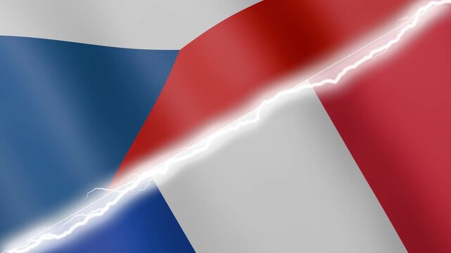 Two waving flags Czech Republic and France with diagonal lightning seamless, 4k loop