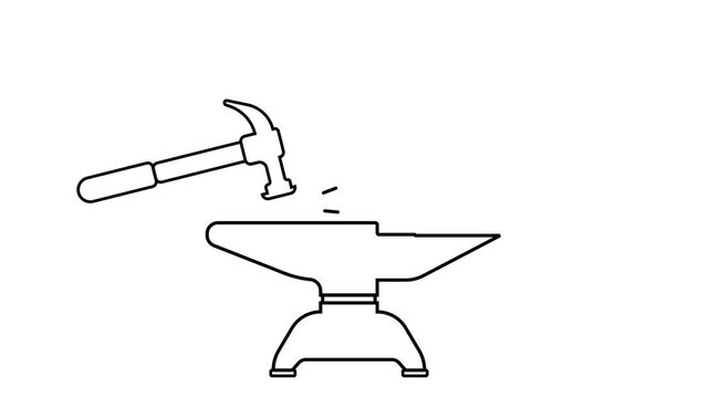 Blacksmith Anvil and Hammer Line Art Icon Isolated on white Background
