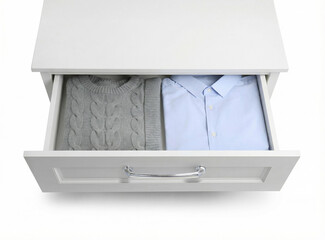 白いタンス（引き出し）冬物衣類を収納　水色のシャツとグレーのセーター　正面