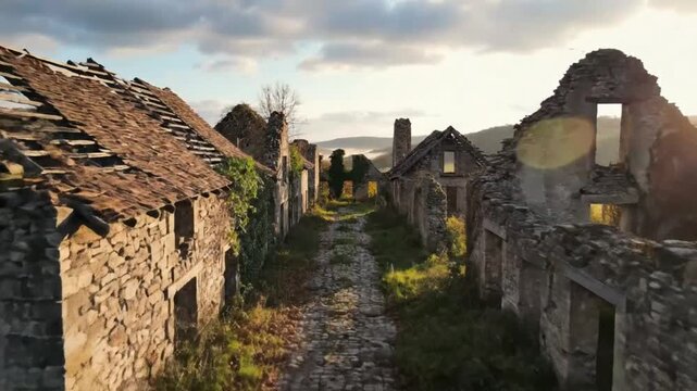 Drone footage of ancient stone ruins and arched entryway with cobble path revealing destroyed buildings in landscape at sunrise