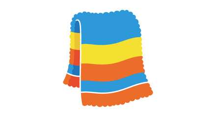 Colorful striped hand towel isolated on a white background, featuring bold blue, yellow, and orange bands with scalloped edges, offering a vibrant display