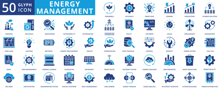 Energy management icon set flat containing renewable, efficiency, smart grid, demand, forecasting, storage solution, emission, peak load, audit, net-zero, appliance, monitoring, sustainability