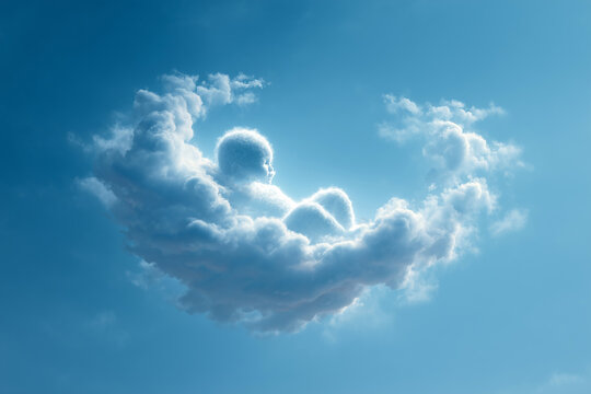 Cloud shaped like a sleeping newborn baby floating in blue sky, dreamy newborn and angel concept for Mother's Day. Dreams in a cloud, infant mortality concept, sids, perinatal loss.