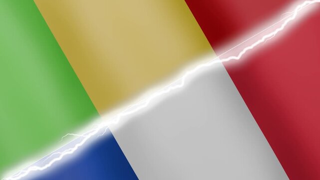 Two waving flags Mali and France with diagonal lightning seamless, 4k loop