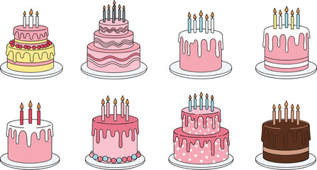 Birthday cake illustration set. Cute tiered and drip cakes with colorful candles. Cartoon bakery collection isolated on white background.