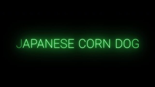 Flickering neon green glowing japanese corn dog sign animated black background.