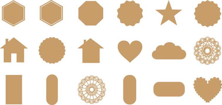 Minimalist geometric shape collection. Golden brown icons in clean 3x6 grid layout. Modern abstract elements isolated on white background.
