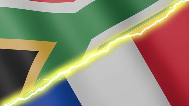 Two waving flags South Africa and France with diagonal lightning seamless, 4k loop