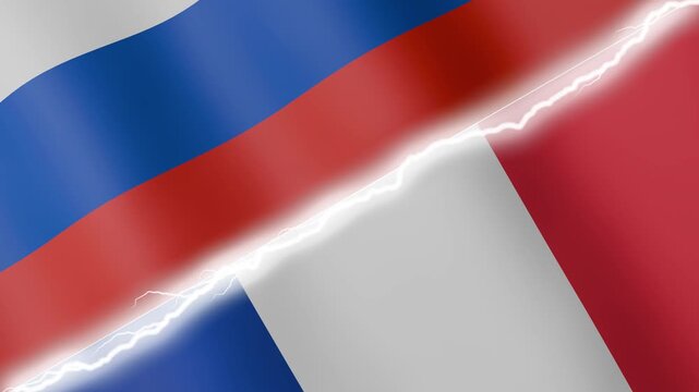 Two waving flags Russia and France with diagonal lightning seamless, 4k loop