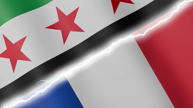 Two waving flags Syria and France with diagonal lightning seamless, 4k loop