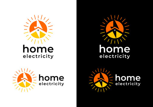 vector design of sun and roof house logo icon with electric lightning, solar energy and home electricity logo.