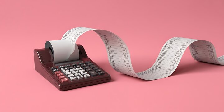 Vintage calculator with a roll of paper tape beside it on pink background