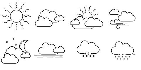 Linear meteorology icons, a collection of weather forecast symbols, including sun and cloud, rain and snow, wind and cloud cover, set isolated on background. Vector illustration.