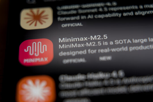 MiniMax-M2.5 mobile application interface on a smartphone screen, showcasing a state-of-the-art large language model designed for real-world productivity, coding, and agentic workflows.