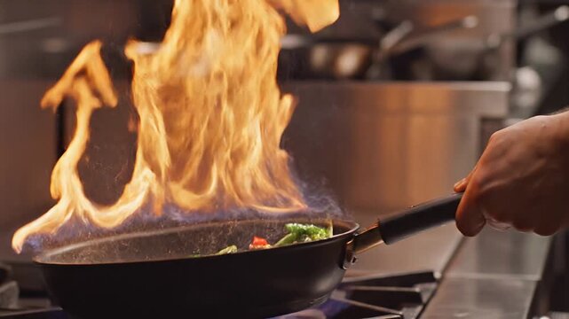 Chef Stir-Frying Vegetables with High Flame Flamb&eacute; in Professional Kitchen