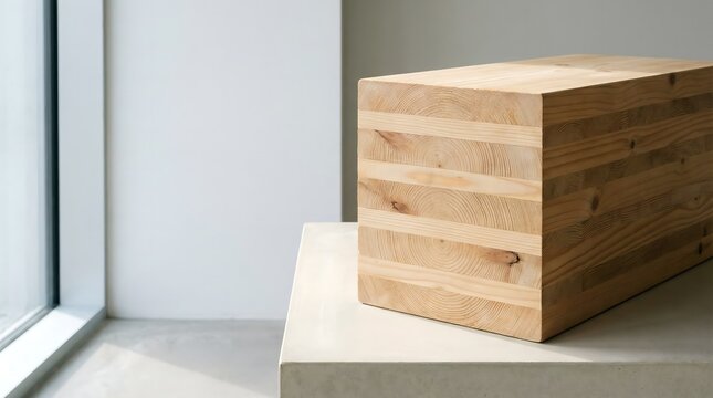 Cross-Laminated Timber CLT Sample Block Showing Wood Layers on Concrete Copy Space