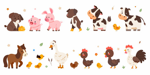 Colorful cartoon illustration of various farm animals in a row